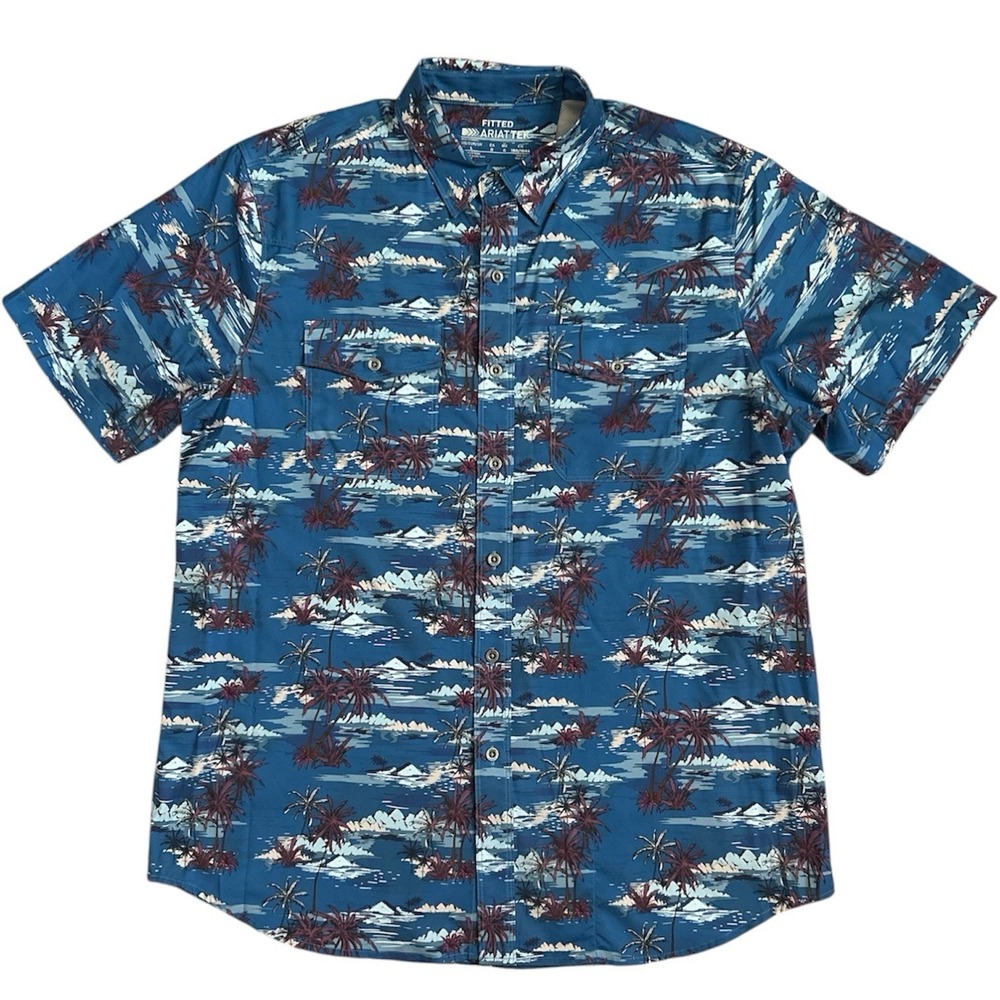 Ariat Mens Ariattek Blue Tropical Palm Western Short Sleeve Shirt L Fitted